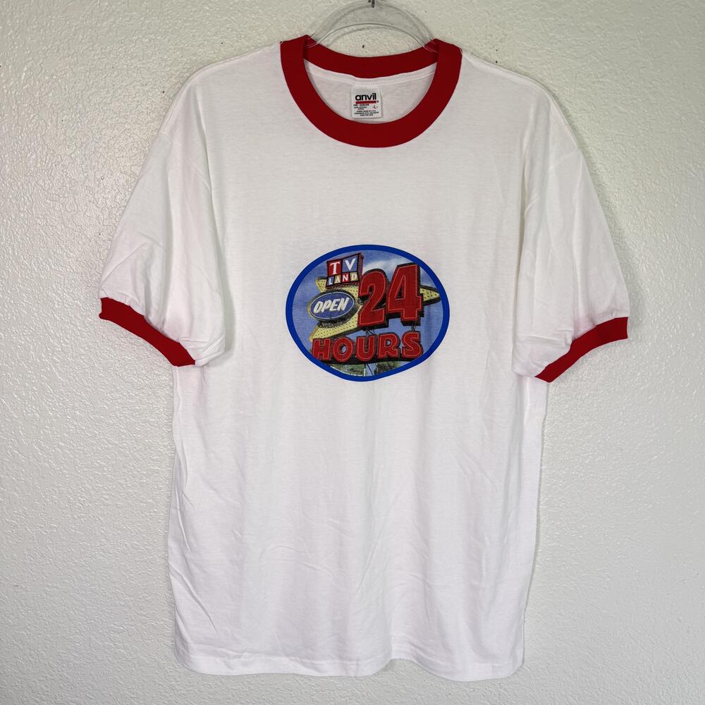Vintage TV Land Shirt Mens Large Ringer Tee 24 Hours Graphic Promo T 90s Anvil